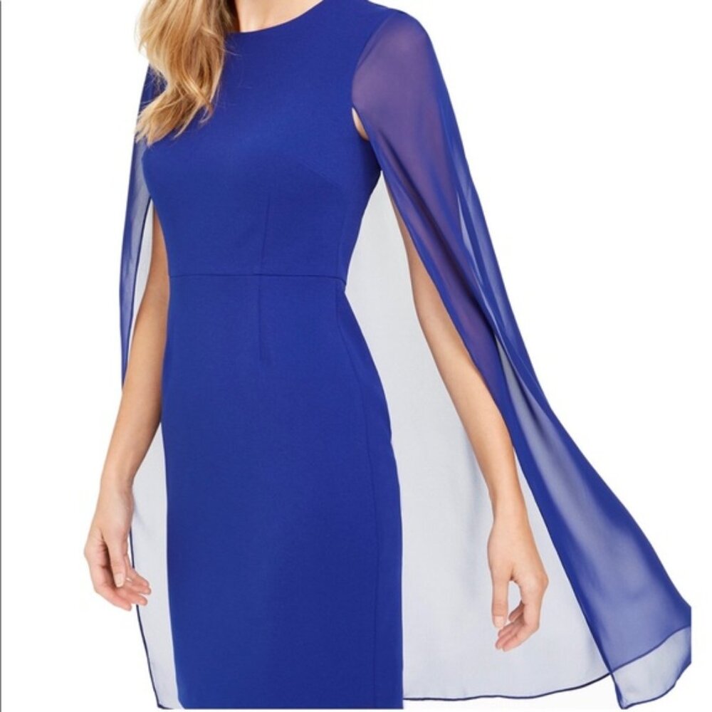 Calvin Klein Cobalt Blue Midi Dress with Sheer Cape Sleeves